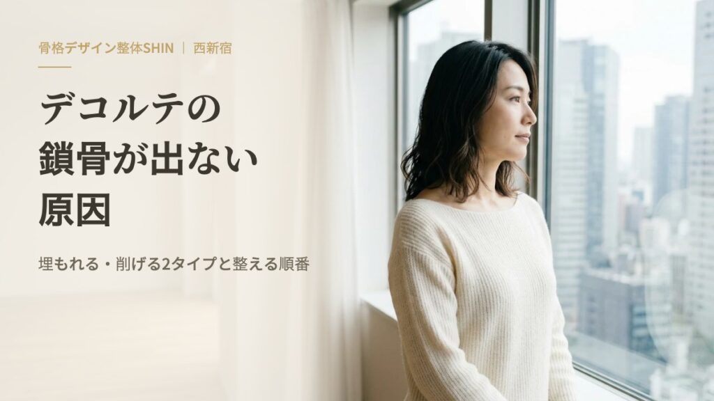 窓辺に立ち、肩を下ろしてデコルテと鎖骨のラインが見える女性。「デコルテの鎖骨が出ない原因」の見出し入り