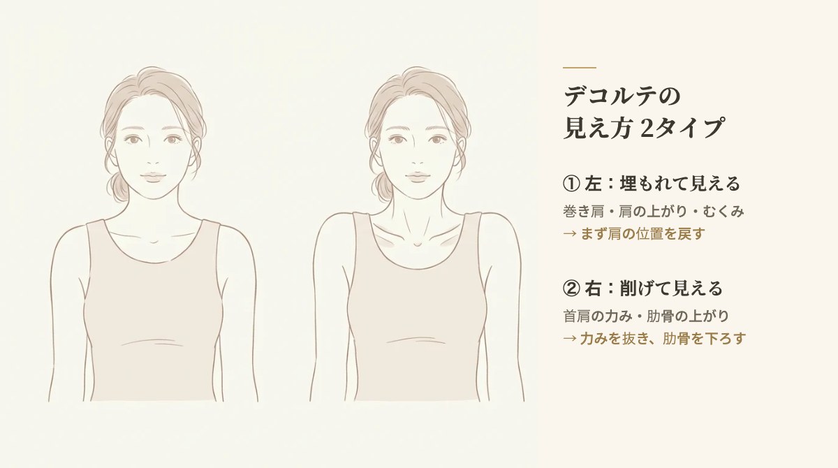 鎖骨が埋もれて見えるタイプと、削げて骨っぽく見えるタイプの上半身を並べた図解