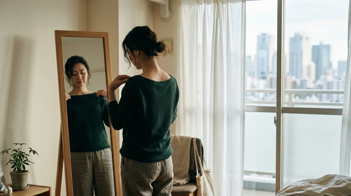 鏡の前で肩を後ろ・下へ下ろし、デコルテの見え方を確かめる女性
