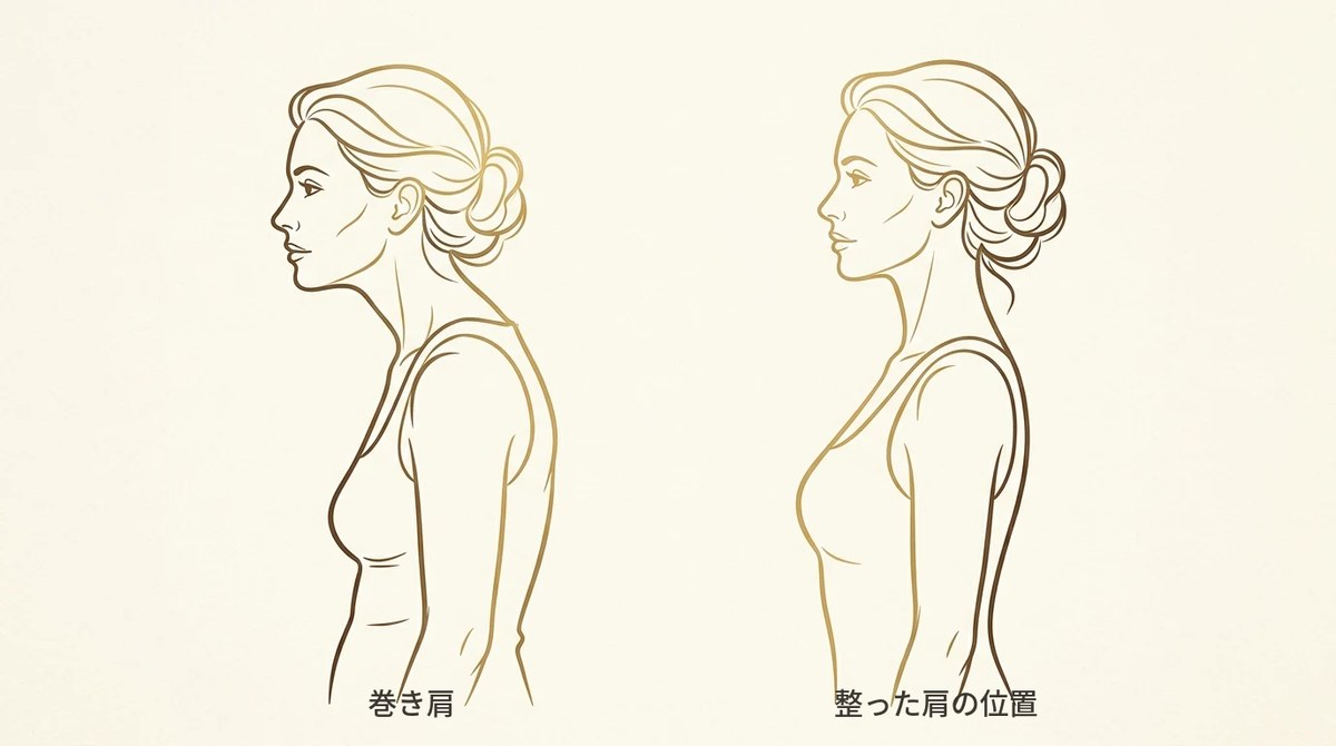 巻き肩と整った肩の位置の比較（イラスト）