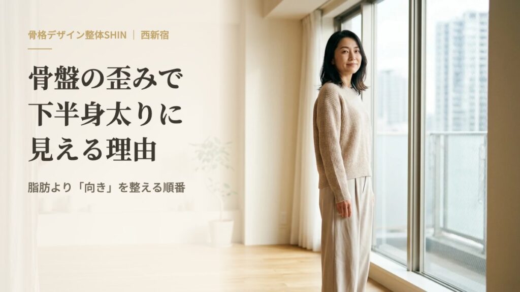 骨盤の歪みで下半身太りに見える理由のアイキャッチ。窓辺に立つ女性と見出し