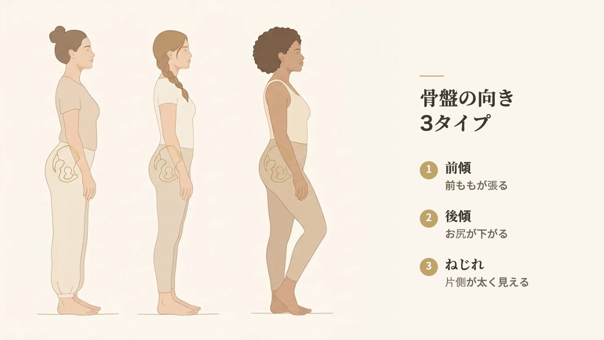 骨盤の前傾・後傾・ねじれの3タイプと、太く見えやすい場所の図解