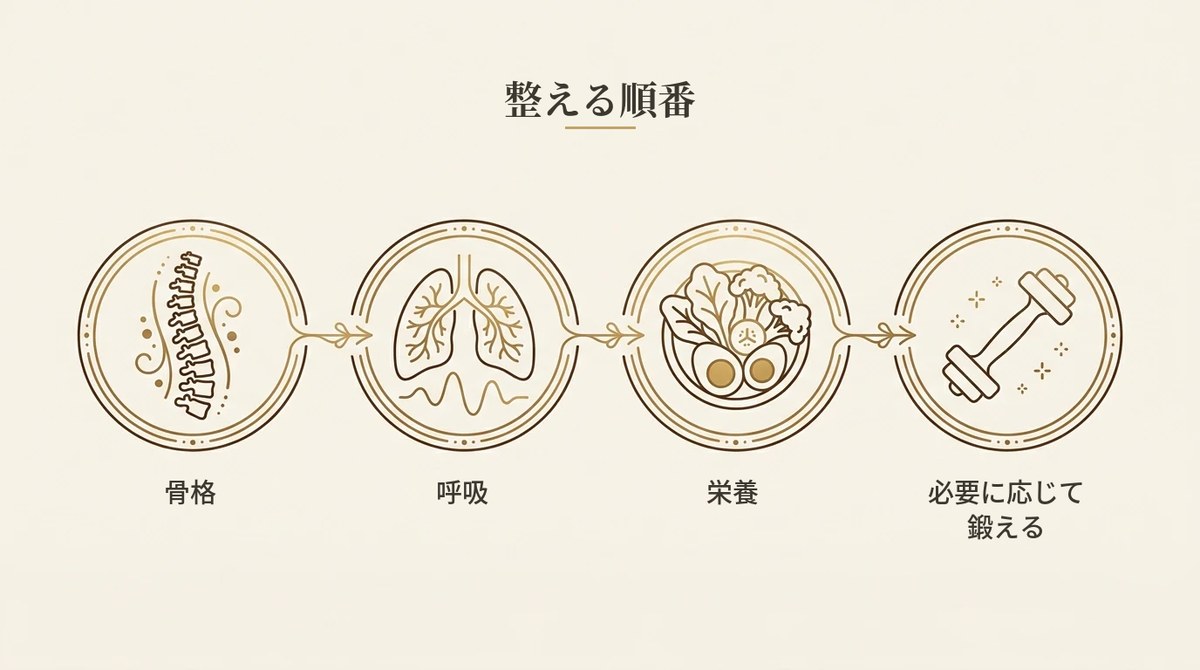 骨格、呼吸、栄養を整えてから鍛える順番