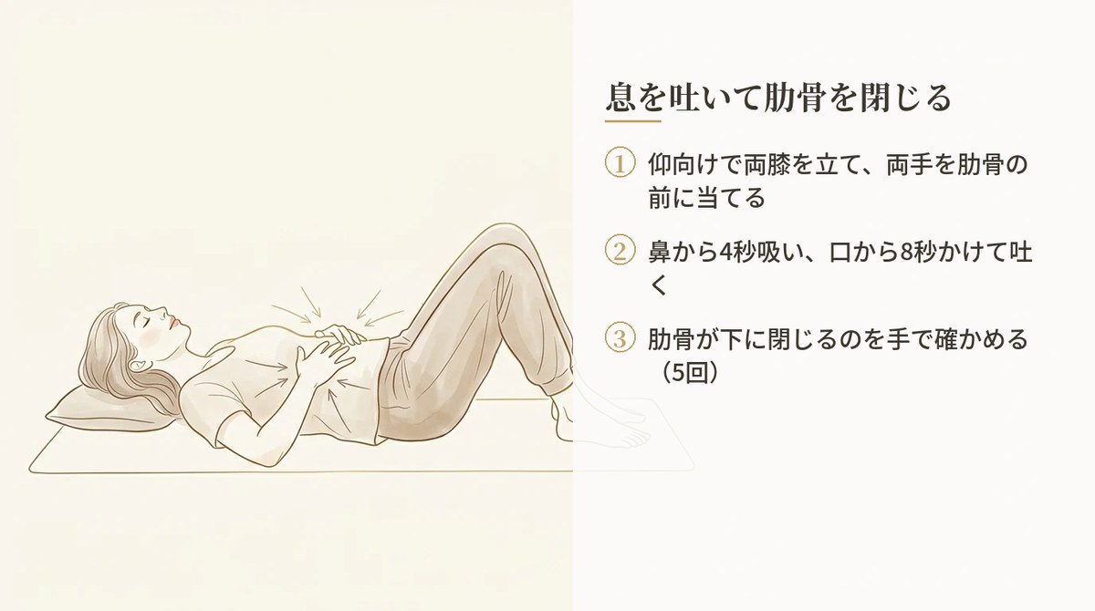 息を吐いて肋骨を閉じる呼吸で下腹を整える