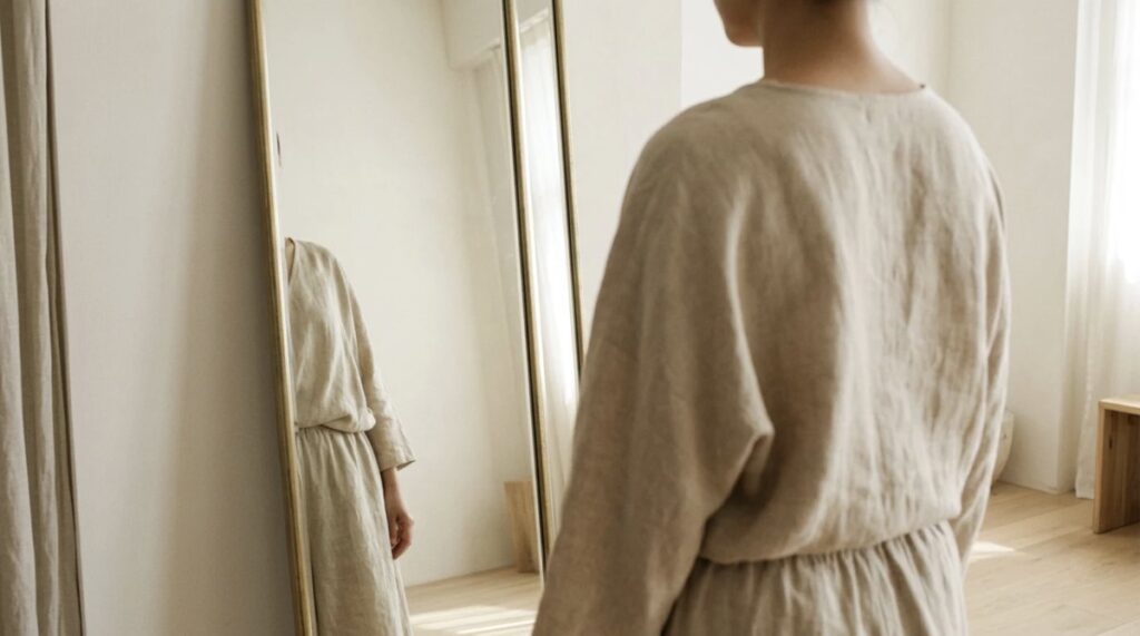 姿見の前に立ち、自分の肩と背中のラインを確かめる女性の後ろ姿
